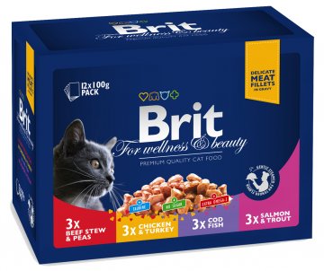 Brit Premium Cat Pouches masovo a RYBIE MIX 1200g (kura, hovädzie, treska, pstruh)