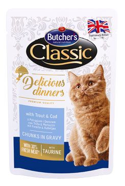 Butcher 's Cat Class.Delic.Dinn.pstruh + treska kapsa100g